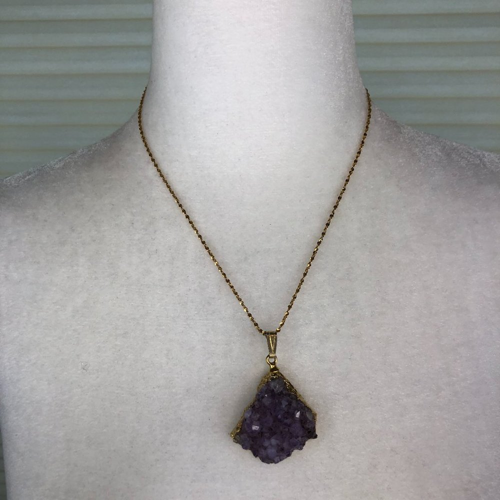NEW - Vintage Amethyst Cluster Necklace with Gold Tone Chain Quiet Luxury Bling